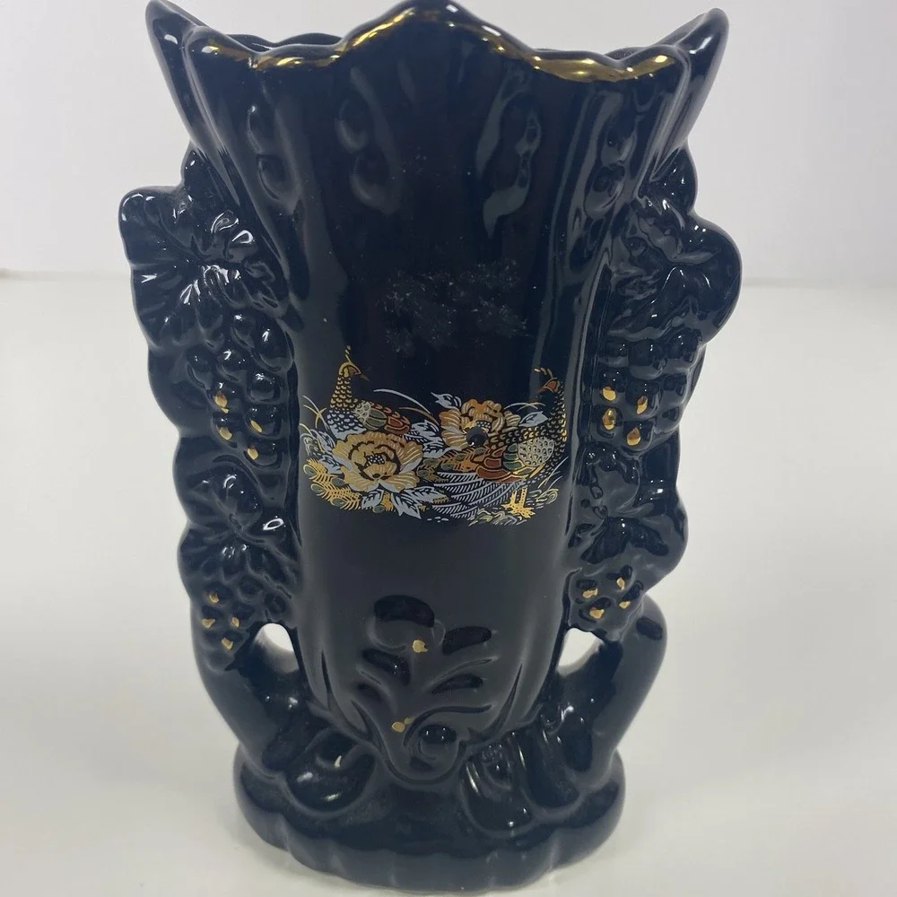 Japanese Style Black Boat Vase And Two Medium with Peacock Floral Scene 3 Pieces